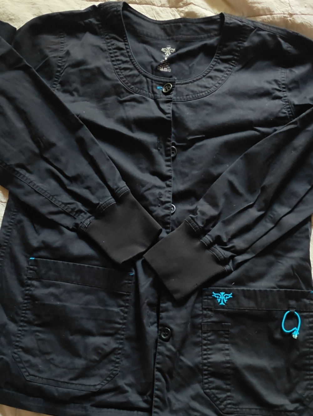 Med Couture Black Lightweight Button-Front Jacket with Blue Trim